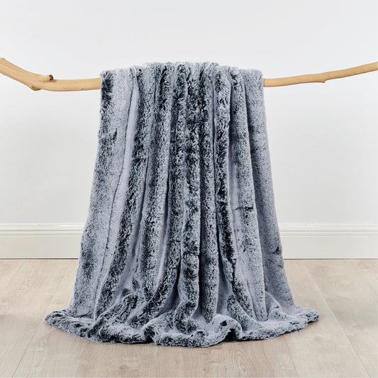 Cozy Faux Fur Throw Blanket- Graphite Stripes | Extra Large Warm Winter Blanket